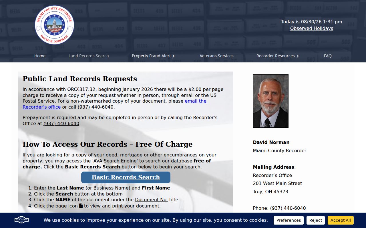 Piqua residents directory Miami County recorded land search instructions