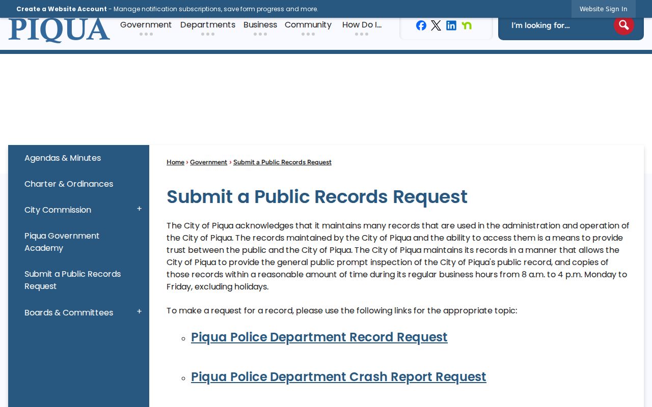 Piqua ZIP code directory image of the City of Piqua public records request page
