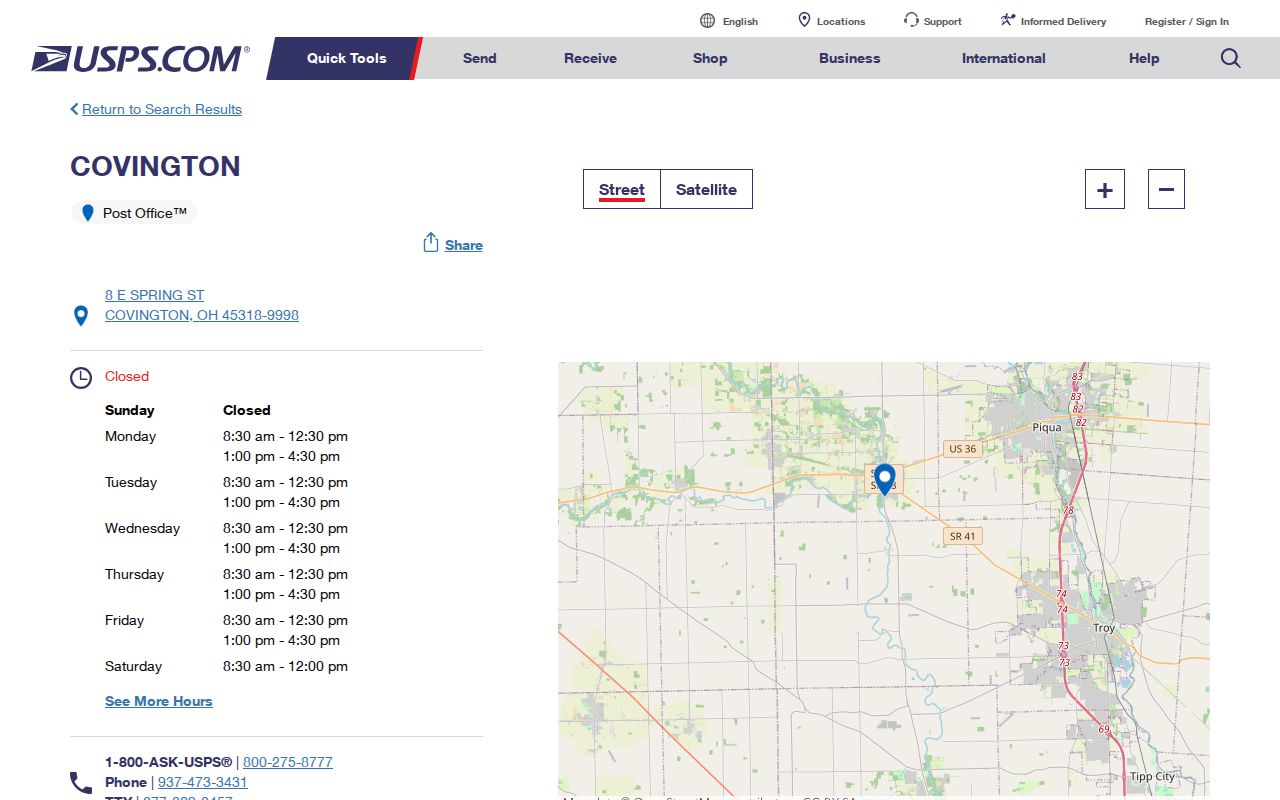 Piqua ZIP code directory image of the Piqua Post Office location record